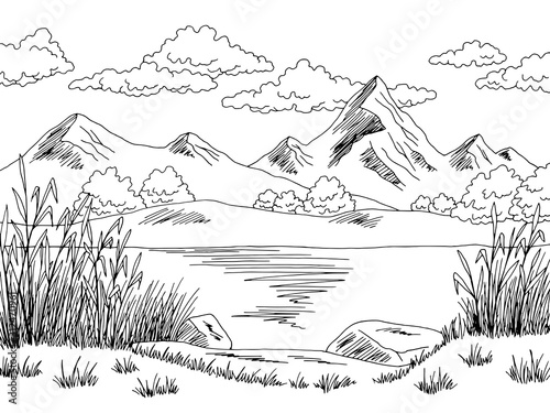 Mountain lake graphic black white landscape sketch illustration vector