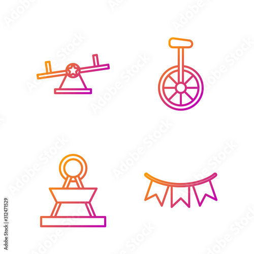 Set line Carnival garland with flags, Attraction carousel, Seesaw and Unicycle or one wheel bicycle. Gradient color icons. Vector