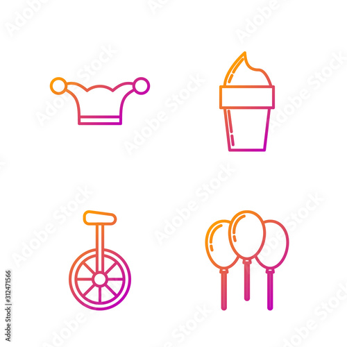 Set line Balloons with ribbon, Unicycle or one wheel bicycle, Jester hat with bells and Ice cream in waffle cone. Gradient color icons. Vector