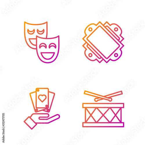 Set line Drum with drum sticks, Hand holding playing cards, Comedy theatrical masks and Ticket. Gradient color icons. Vector