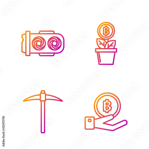 Set line Hand holding Bitcoin, Pickaxe, Mining farm and Bitcoin plant in the pot. Gradient color icons. Vector