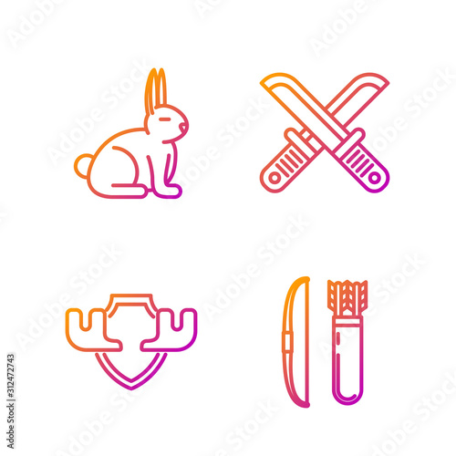 Set line Bow and arrow in quiver, Moose horns on shield, Rabbit and Crossed hunter knife. Gradient color icons. Vector