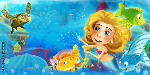 Cartoon ocean and the mermaid in underwater kingdom swimming with fishes and having fun - illustration for children