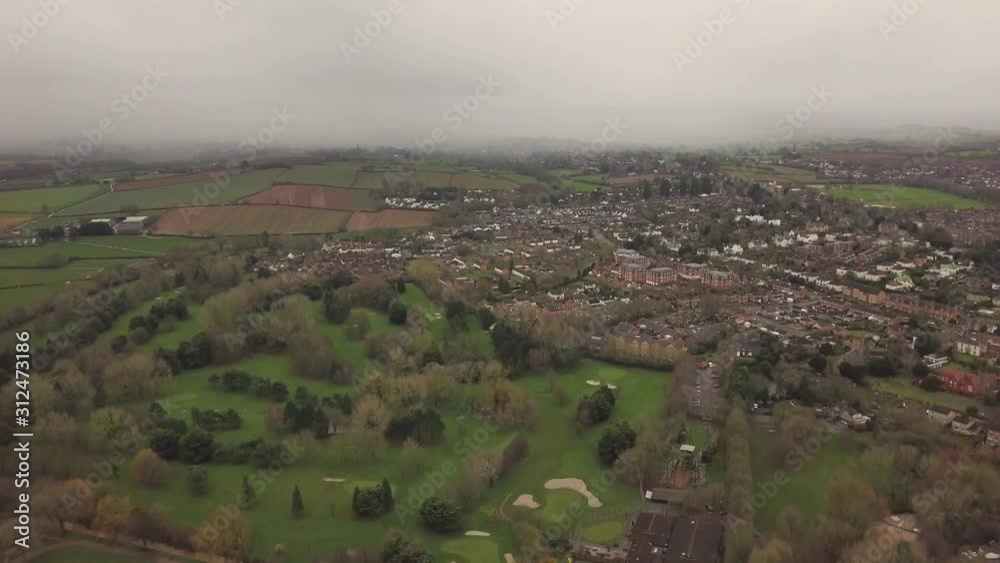TAUNTON, SOMERSET, ENGLAND, December 27, 2019: Aerial view of Vivary park golf course in low light. TAUNTON, SOMERSET, ENGLAND, December 27, 2019: Aerial view of Vivary park golf course in low light.