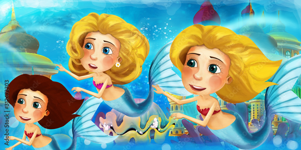 Cartoon ocean and the mermaid in underwater kingdom swimming with fishes and having fun - illustration for children