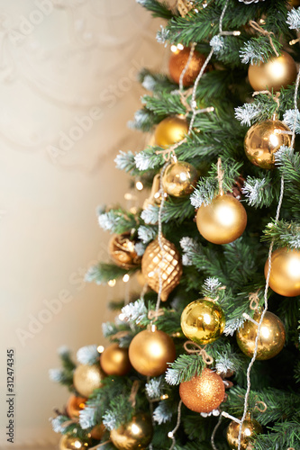 Christmas mood  Christmas tree  merry holidays. Christmas gift box  Blurred background  bokeh.