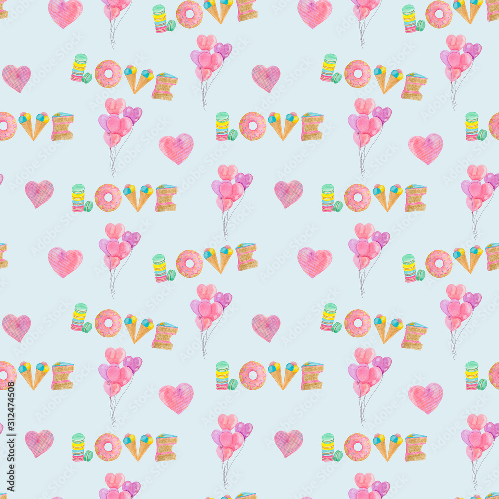 seamless pattern love and sweets with hearts for valentine's day in delicate colors