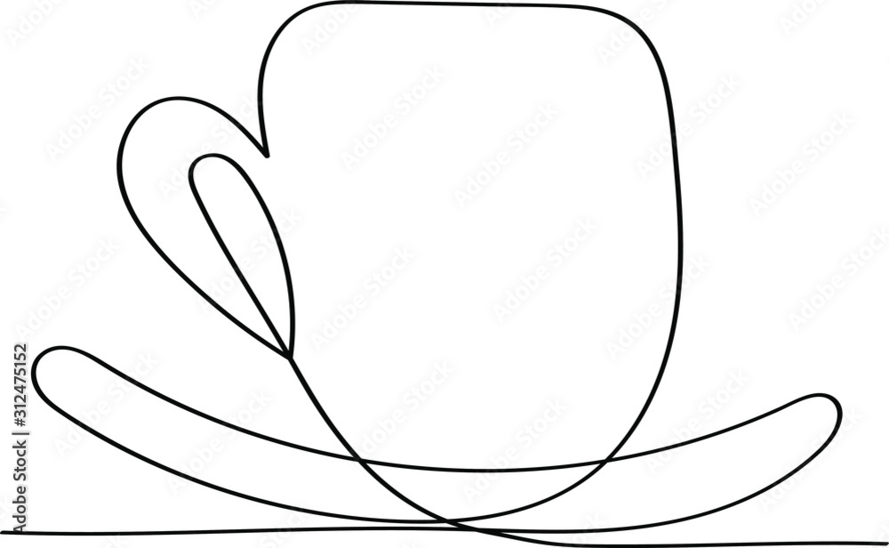 Cup - a black outline is drawn in one line. Tea party symbol in abstract form, child's drawing. Cup - a black outline is drawn in one line. Tea party symbol in abstract form, child's drawing.
