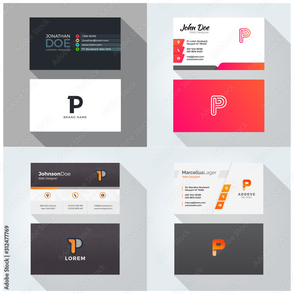 P letter logo professional corporate Visiting card, Modern Multipurpose design template. Set of 4 Business cards P letter logo professional corporate Visiting card, Modern Multipurpose design template. Set of 4 Business cards