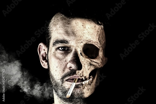 Half male face and half skull. There is a burning cigarette in his mouth, from which smoke comes. Double face.