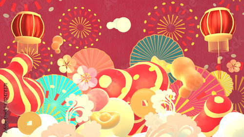 Chinese New Year ornaments and paper art style fireworks greeting card. 3d rendering picture.