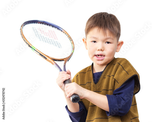Boy holding a tennis racket on white background