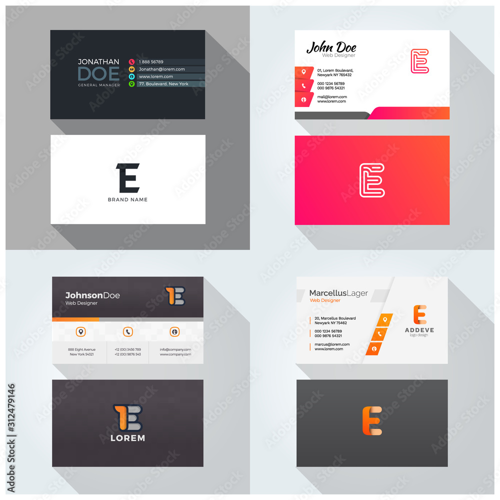 E letter logo professional corporate Visiting card, Modern Multipurpose design template. Set of 4 Business cards