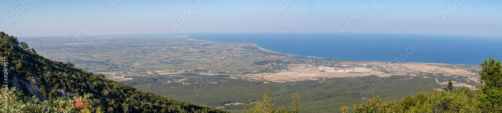 The view from the height Mount Olympus on the coastline and farmland (Pieria, Mount Olympus, Greece)