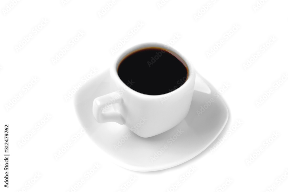 white cup of coffee on a white saucer; on a white background, angle view from above white cup of coffee on a white saucer; on a white background, angle view from above