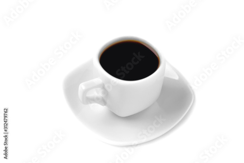 white cup of coffee on a white saucer; on a white background, angle view from above
