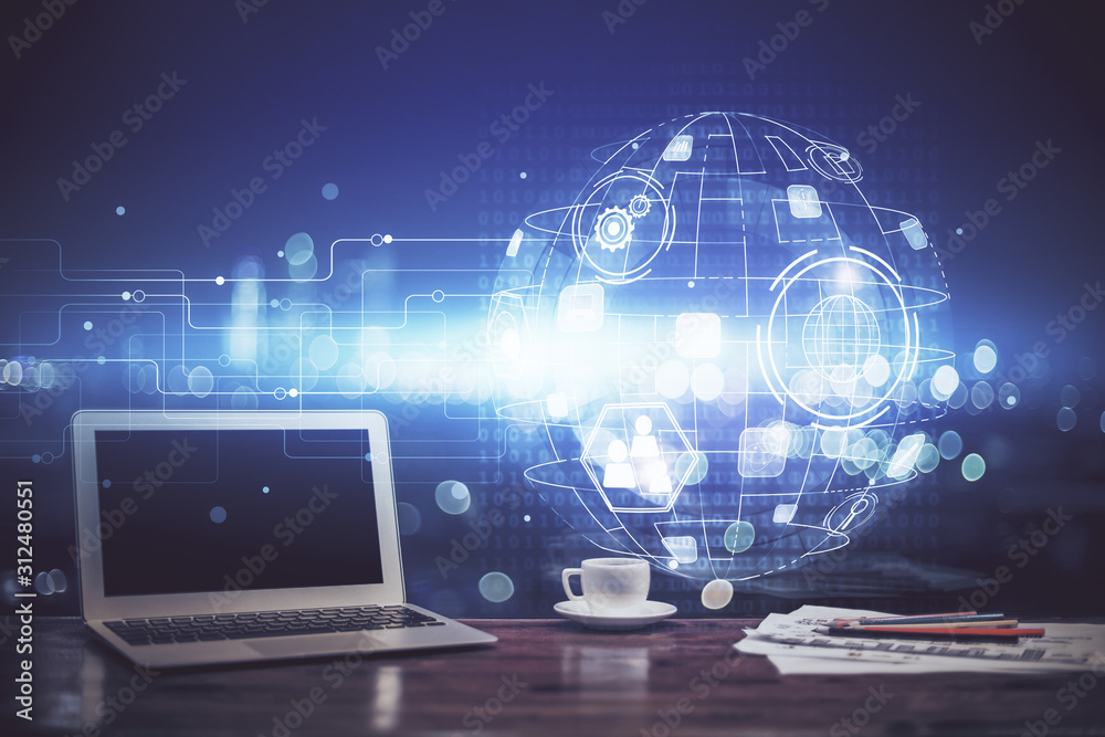 Naklejka premium Computer on desktop with social network theme icon. Multi exposure. Concept of international connections.