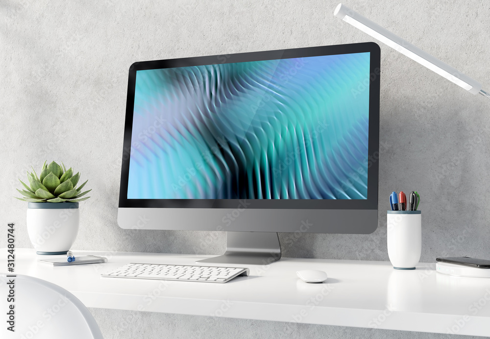 Fototapeta premium Modern black and silver computer on white desktop and concrete interior mockup 3D rendering