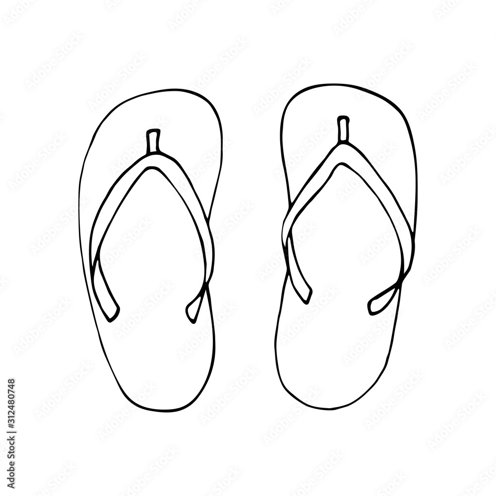 Hand-drawn flip-flops, isolated on white. Contour drawing, vector ...