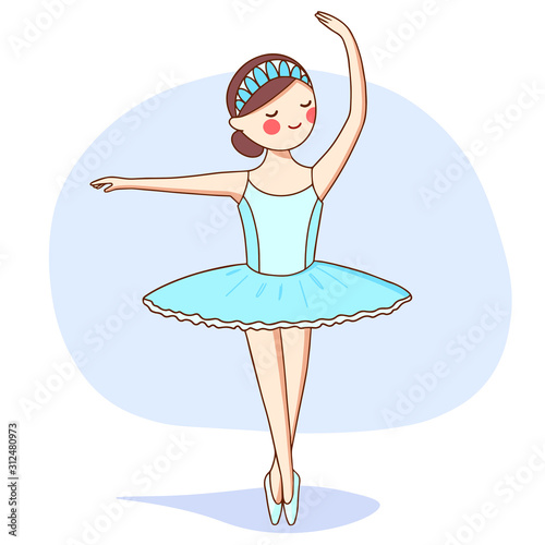 Vector illustration. A ballerina in a blue tutu is dancing on the stage.