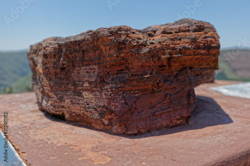 Banded Iron formation, this sedimentary rock is made of layer of chert and iron oxide. Ancient rock at the Barberton Makhonjwa Geotrail