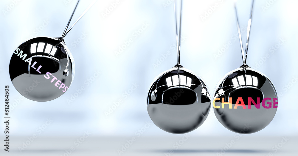 Small steps and New Year's change - pictured as word Small steps and a Newton cradle, to symbolize that Small steps can change life for better, 3d illustration - obrazy, fototapety, plakaty 