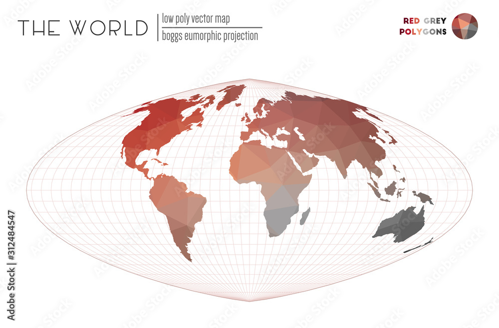Polygonal map of the world. Boggs eumorphic projection of the world. Red and grey colored polygons. Beautiful vector illustration. Polygonal map of the world. Boggs eumorphic projection of the world. Red and grey colored polygons. Beautiful vector illustration.