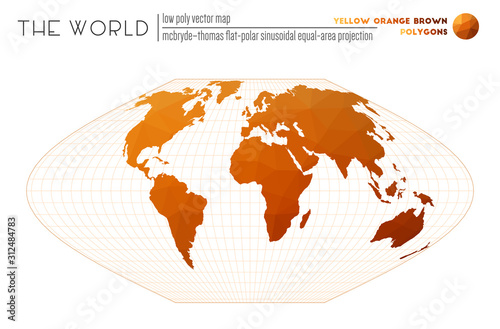 Abstract world map. McBryde-Thomas flat-polar sinusoidal equal-area projection of the world. Yellow, orange, and brown colored polygons. Creative vector illustration.