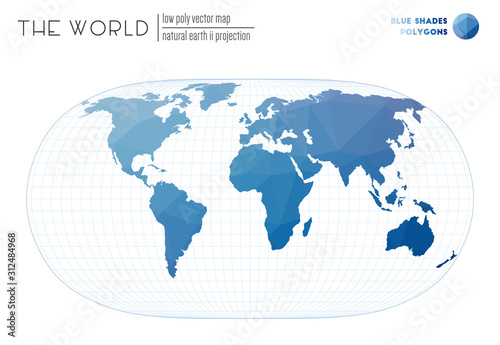 Low poly design of the world. Natural Earth II projection of the world. Blue Shades colored polygons. Stylish vector illustration.