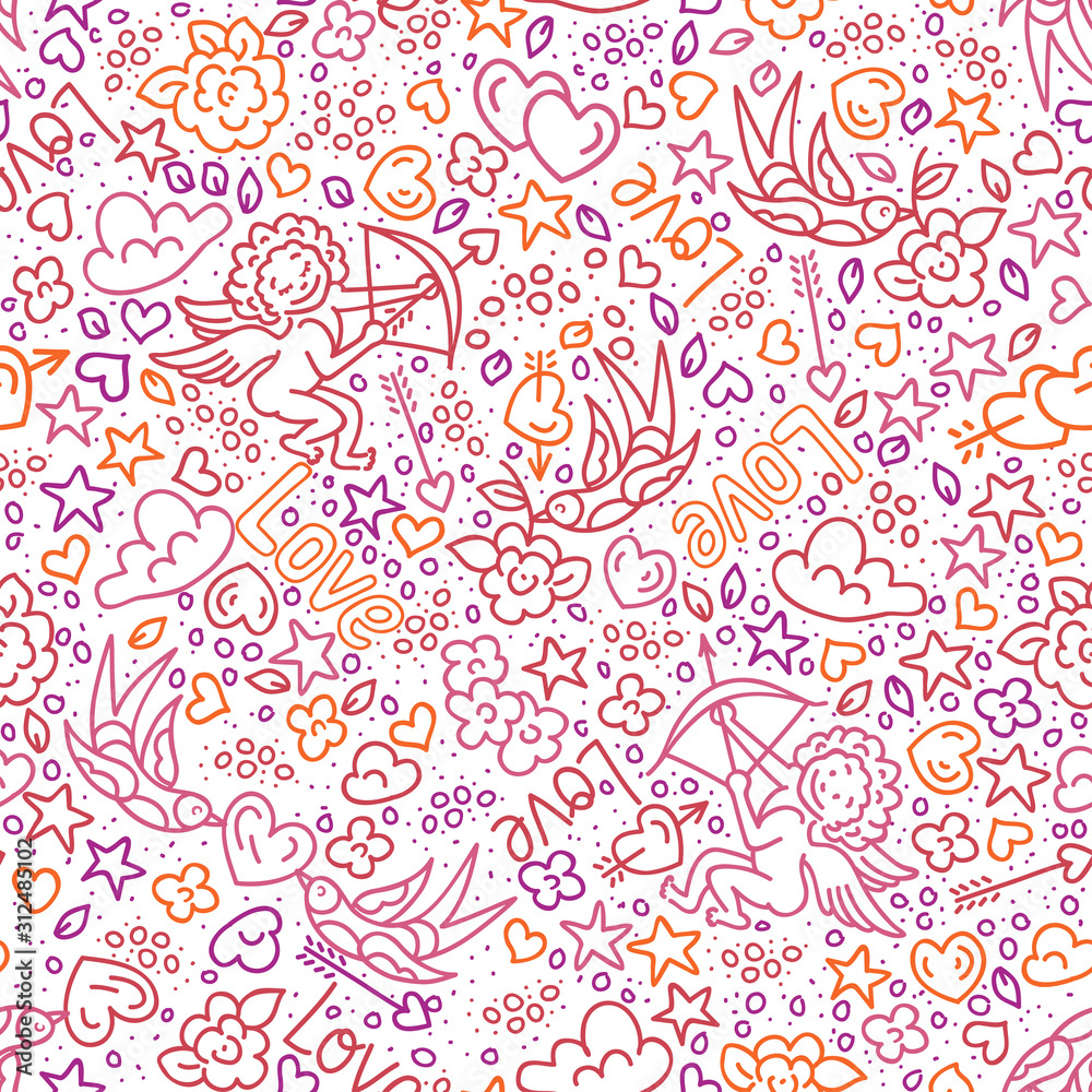 Valentine's Day seamless vector pattern pattern with Cupids, hearts, roses and birds