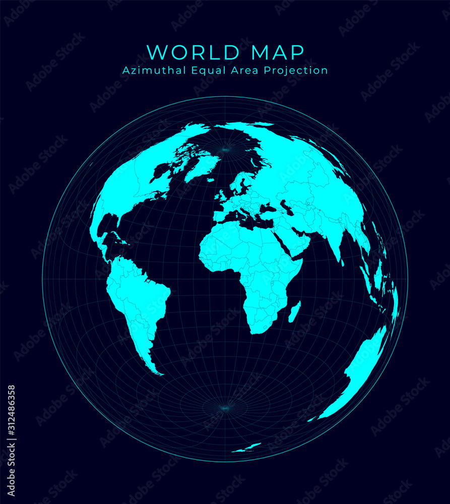 Map of The World. Lambert azimuthal equal-area projection. Futuristic Infographic world illustration. Bright cyan colors on dark background. Authentic vector illustration.