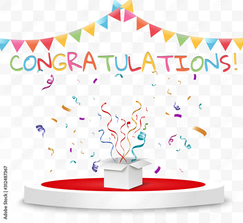 Congratulatory banner with colored confetti and stars on a transparent ...