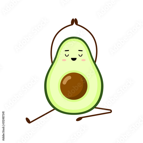 Avocado yoga. Avocado character design on white background. Yoga for pregnant women. Morning exercises for children. Cute illustration for greeting cards, stickers, fabric, websites and prints.