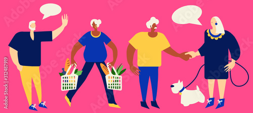 Cute flat vector illustration of group of elderly people talk and socialize together. Old men and women women lead healthy active life style, go shopping, walk with dog, make friends at senior age