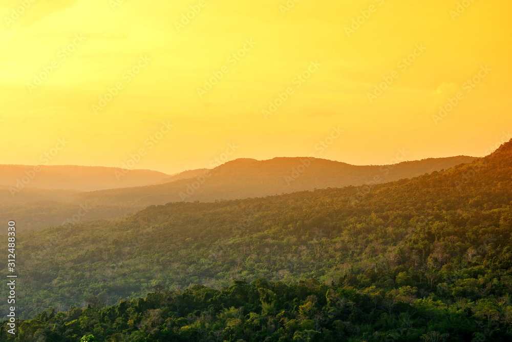 Landscape of mountain hill and orange sky