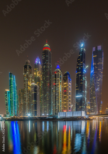 Panoramic picture of Dubai Marina skyline at night in November