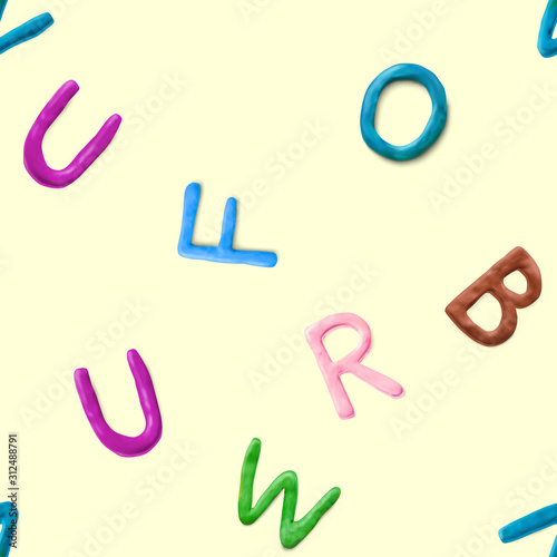 Seamless pattern with alphabet. Handmade modeling clay letters. Realistic 3d vector lettering background.