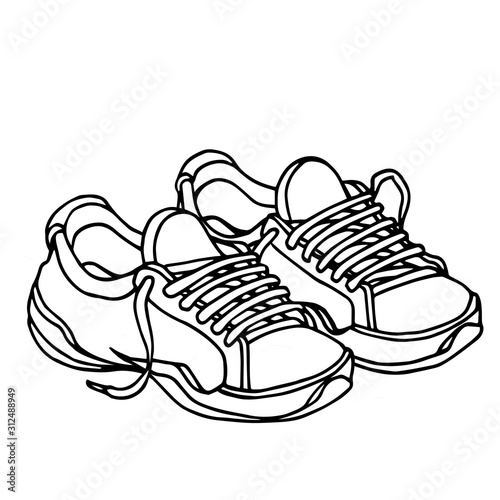 a pair of modern sneakers with laces, vector illustration with black contour lines isolated on a white background in Doodle and hand drawn style