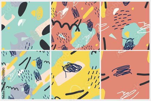 Vector seamless pattern set. Abstract backgrounds with brush strokes.