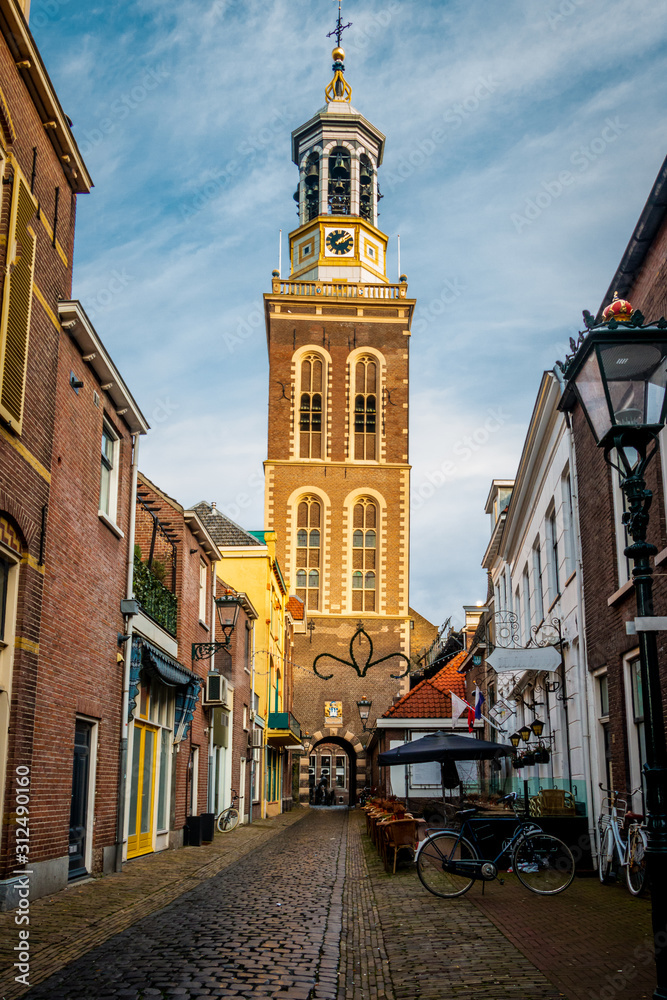 City view from the centre of Kampen, with in the background the new tower,  rebuild in 1694 and renovated in 2008, Kampen a Hanzecity in the province Overijssel, the Netherlands