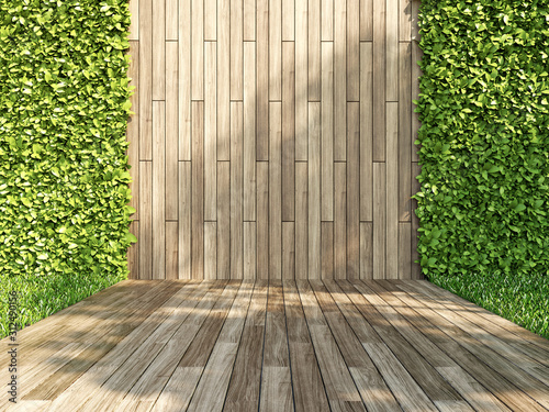 Decorative wall of wooden planks and green vertical garden