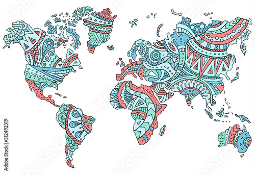 Fototapeta Naklejka Na Ścianę i Meble -  Hand-drawn doodle world map with patterns and ornaments in tribal style. Outline template for coloring page. Vector illustration isolated on a white. Bright ethnic stylization of the continents.