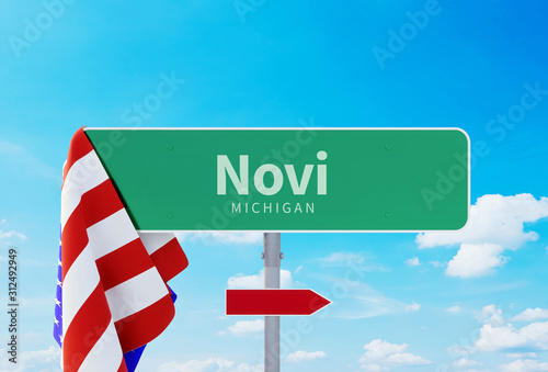 Novi – Michigan. Road or Town Sign. Flag of the united states. Blue Sky. Red arrow shows the direction in the city. 3d rendering