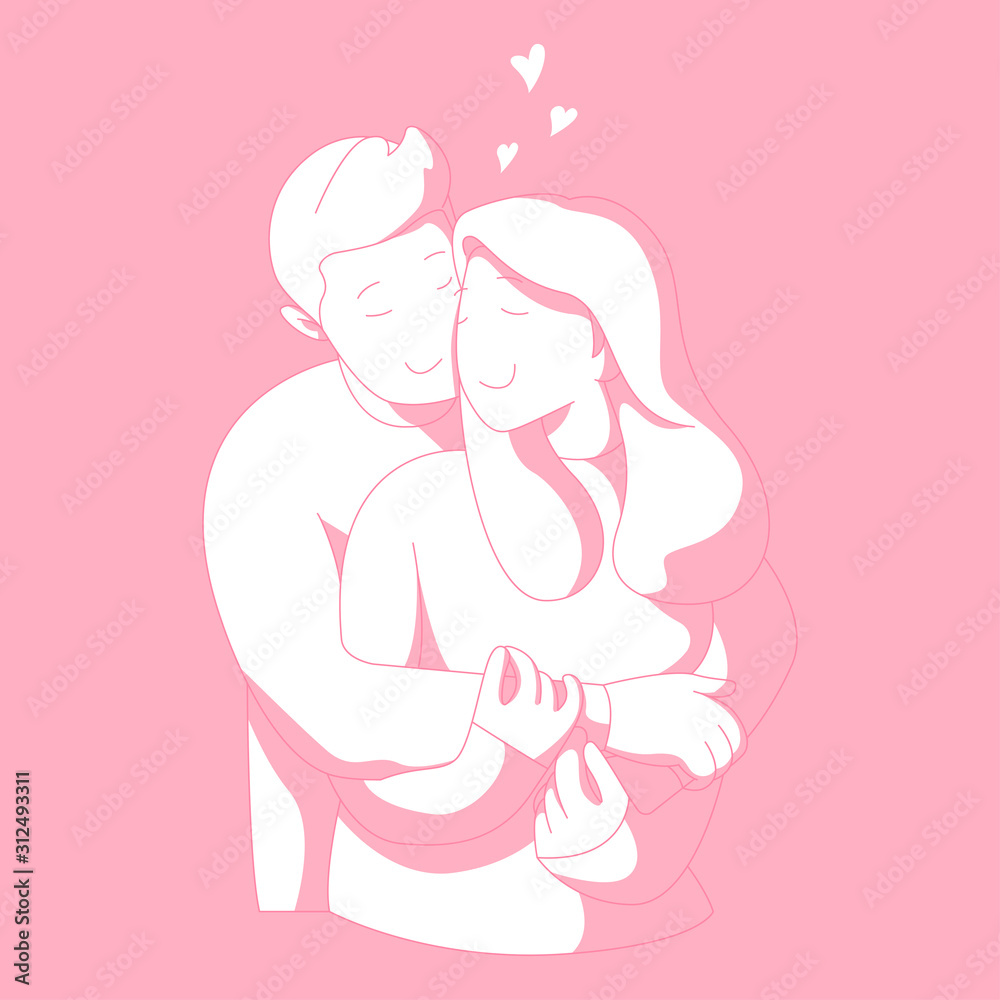 Valentine day illustration hugging lovers, man hug his women from behind.