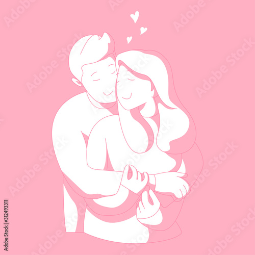 Valentine day illustration hugging lovers, man hug his women from behind.