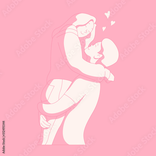 Valentine illustration, Young couple hugging and falling in love each other. Pink Silhouette.