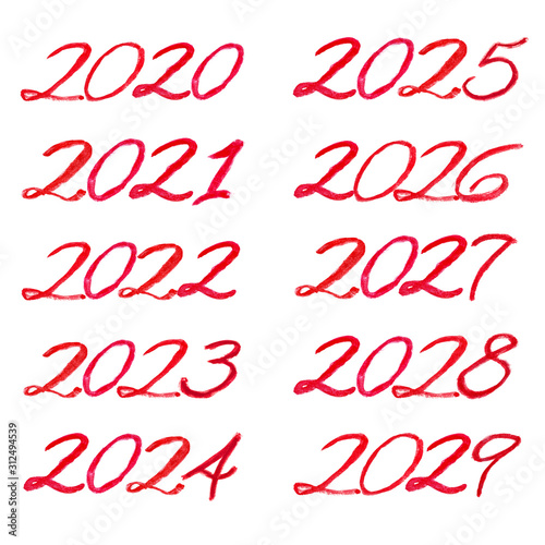 Red watercolor lettering from 2020 to 2029 decade. All numbers isolated on a white background, handwritten, decorative font photo
