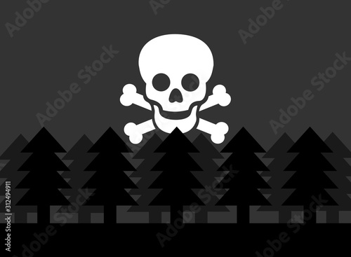 Plants and symbol od death and dying - Forest and wood with conifers and coniferous trees is goint to be damaged, ruined, destroyed and decimated by natural disaster. Vector illustration.