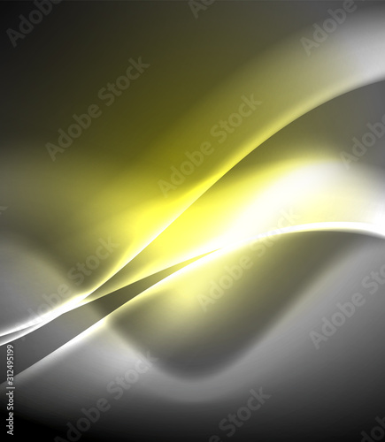Dark space with shiny neon light motion waves. Abstract concept graphic element. Vector neon background. Technology background
