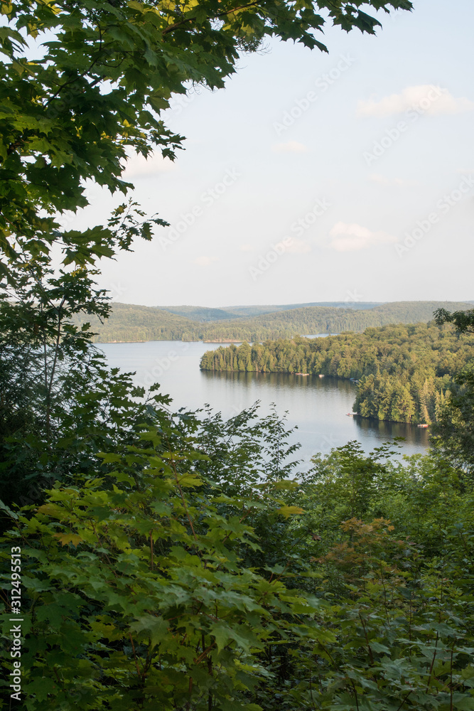 view through leafs of a maple tree on to hills surrounding a lake in the background, Canada summer